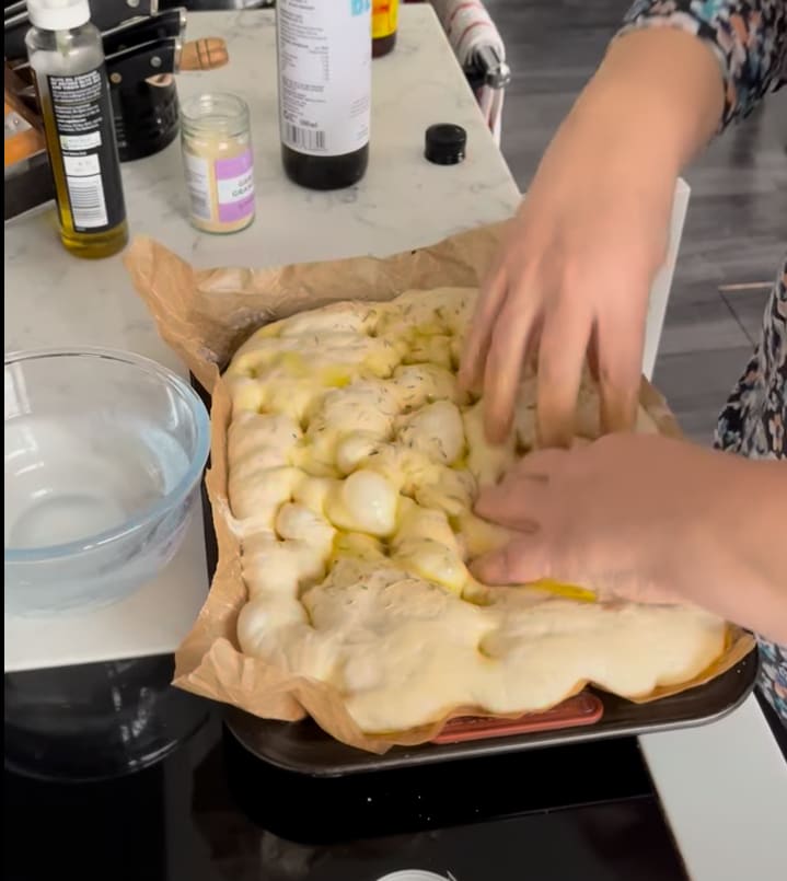 Making focaccia in the cottage kitchen